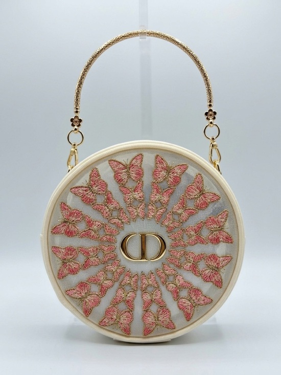 Dior Handbags - DIOR Embroidered Butterfly Round Handle Bag in Cream and Pink